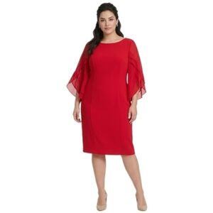 DKNY Red Midi Dress with Layered Flutter Sleeves 16W